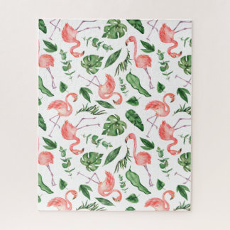 Tropical Pink Flamingo Pattern v2 Jigsaw Puzzle
