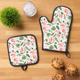 Tropical Pink Flamingo Pattern v2 Oven Mitt & Pot Holder Set