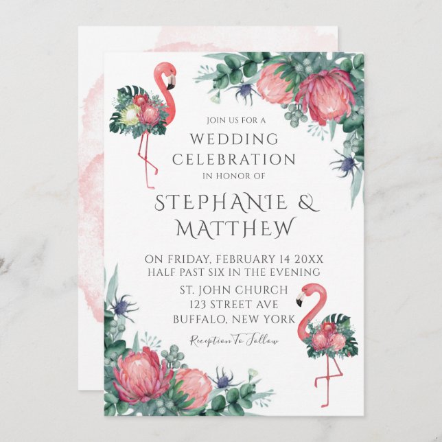 Tropical Pink Flamingo Peony Floral Wedding Invitation (Front/Back)
