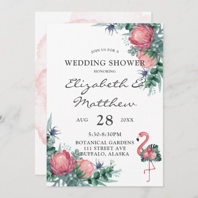 Tropical Pink Flamingo Peony Wedding Shower Invitation (Front/Back)