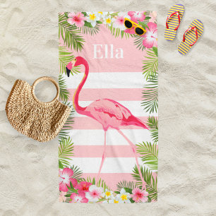 Tropical Pink Flamingo Stripe Monogram Beach Towel