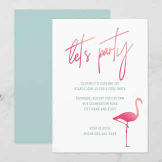 Tropical pink flamingo summer pool party invite