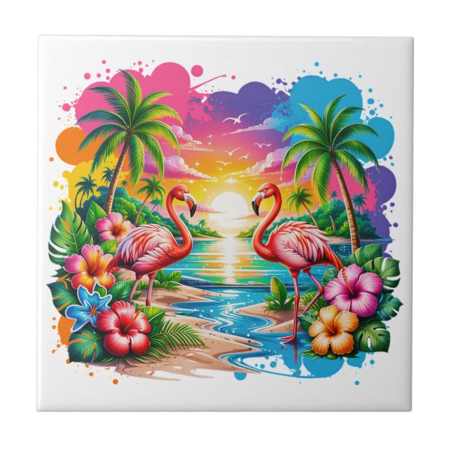 Tropical Pink Flamingo Sunset Paradise Art Tile (Front)
