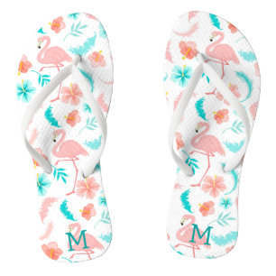 Tropical Pink Flamingo Teal Monogram Jandals