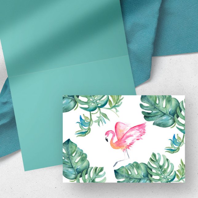 Tropical Pink Flamingo Thank You Cards (tropical thank you cards watercolor pink flamingo & monstera leaf watercolor by Victoria Grigaliunas)