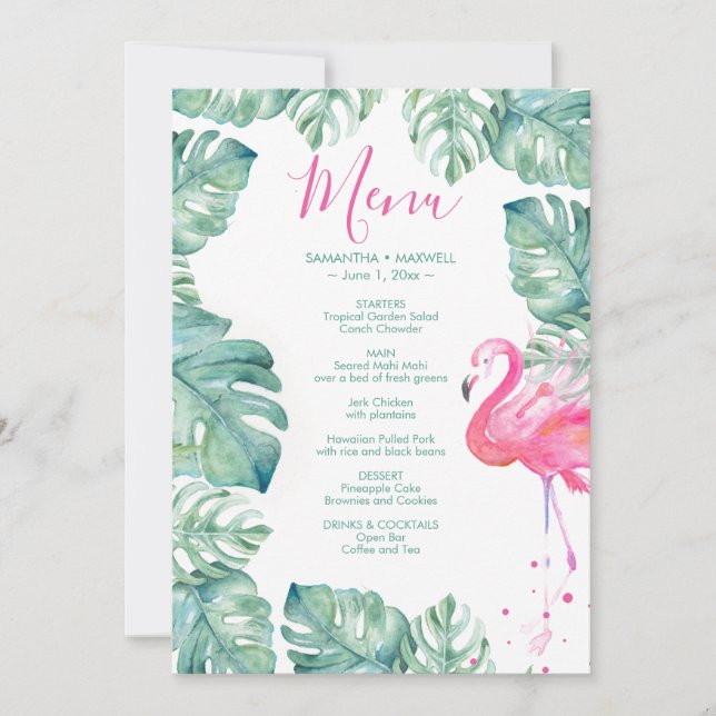 Tropical Pink Flamingo Watercolor Leaves Menu Invitation (Front)