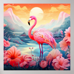 Tropical Pink Flamingo with Flowers Poster