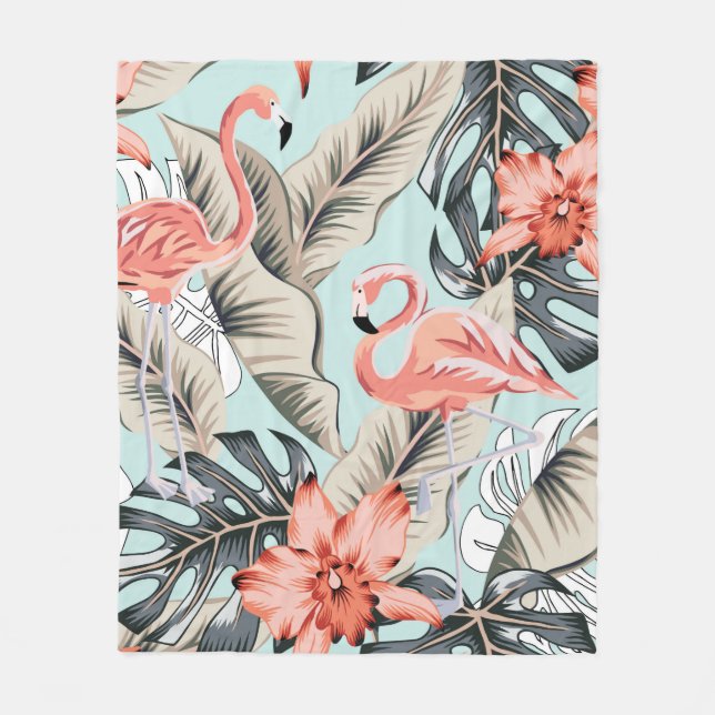 Tropical pink flamingo with orchid flowers and lea fleece blanket (Front)