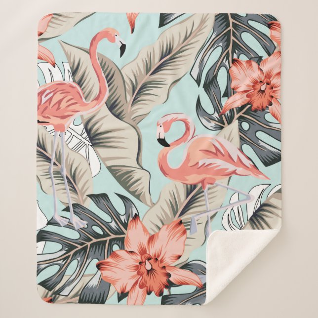 Tropical pink flamingo with orchid flowers and lea sherpa blanket (Front)