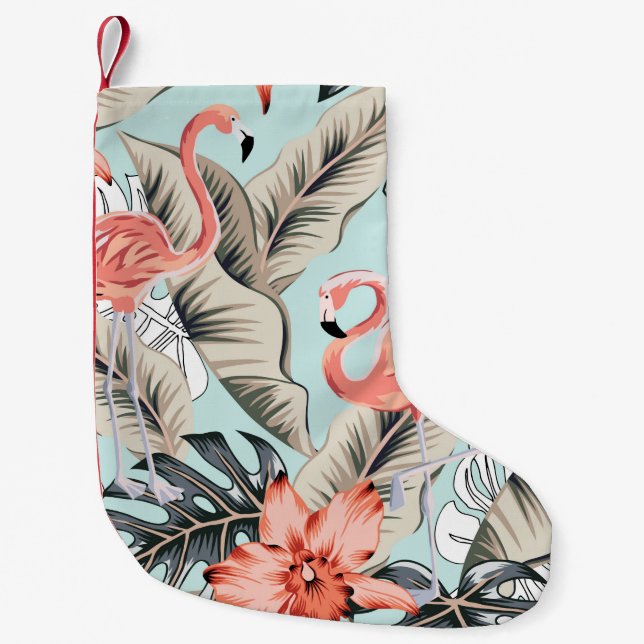 Tropical pink flamingo with orchid flowers and lea small christmas stocking (Front)