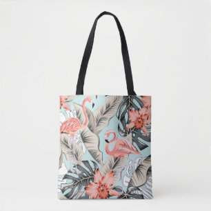 Tropical pink flamingo with orchid flowers and lea tote bag