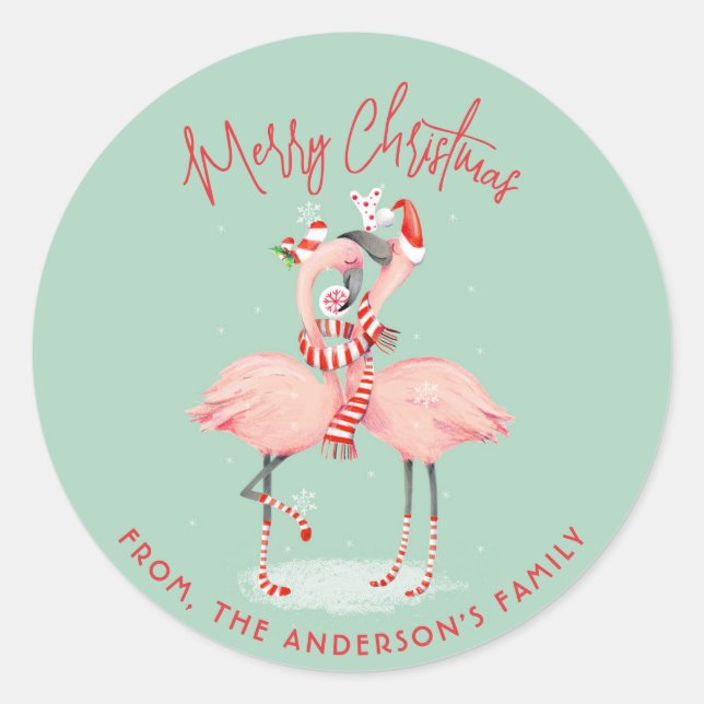 Tropical Pink Flamingo With Santa Hats Christmas Classic Round Sticker (Front)