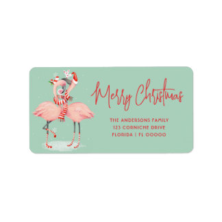 Tropical Pink Flamingo With Santa Hats Christmas Label