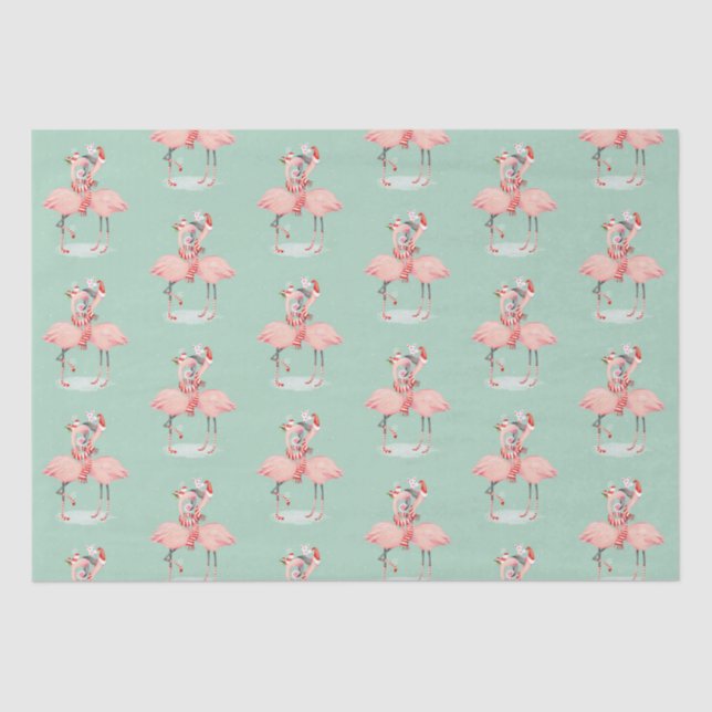 Tropical Pink Flamingo With Santa Hats Christmas Tissue Paper (Front)