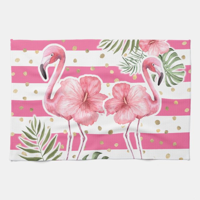 Tropical Pink Flamingos Floral Gold Polka Dots Tea Towel (Horizontal)