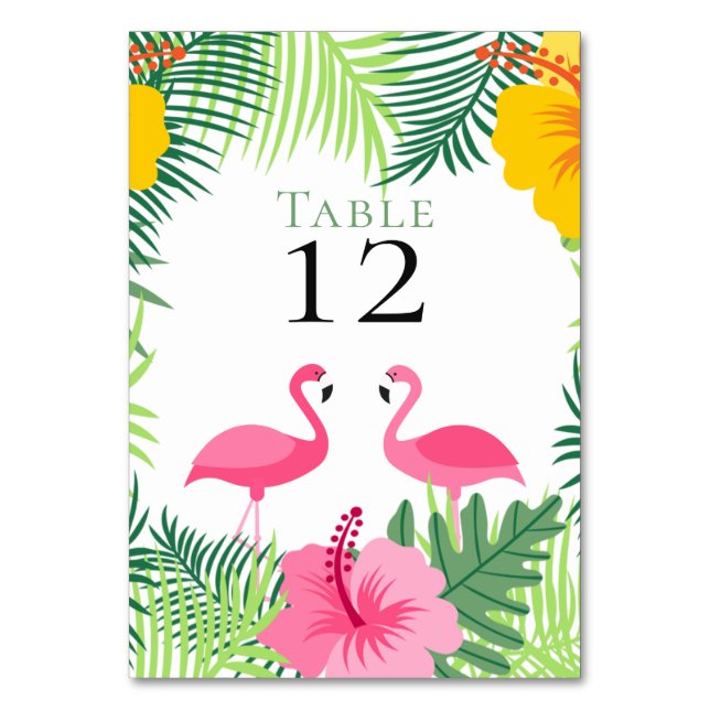 Tropical Pink Flamingos Flowers Wedding Table Number (Front)