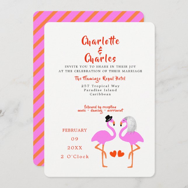 Tropical Pink Flamingos Fun Modern Wedding Invite (Front/Back)