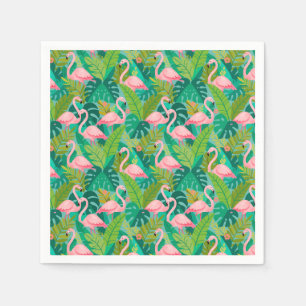 Tropical Pink Flamingos Jungle Foliage Napkin