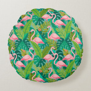 Tropical Pink Flamingos Jungle Foliage Round Cushion
