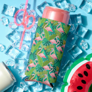 Tropical Pink Flamingos Jungle Foliage Seltzer Can Cooler
