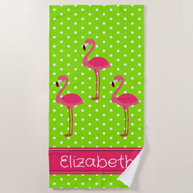 Tropical Pink Flamingos on Polka Dots Beach Towel (Front)