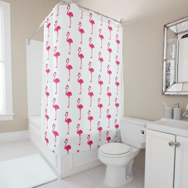 Tropical Pink Flamingos on White Shower Curtain (In Situ)