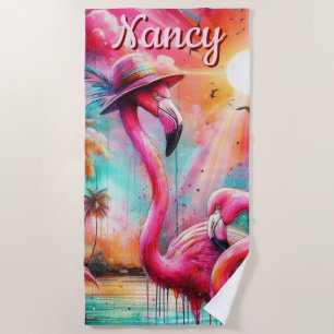 Tropical Pink Flamingos Palm Trees Personalised Beach Towel