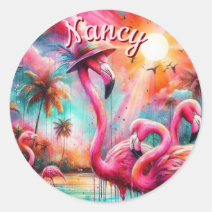 Tropical Pink Flamingos Palm Trees Personalised Classic Round Sticker