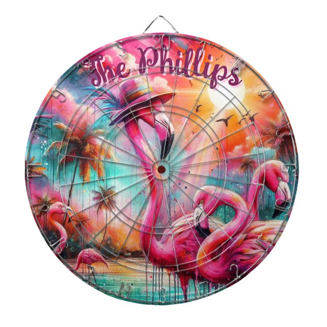 Tropical Pink Flamingos Palm Trees Personalised Dartboard (Front)