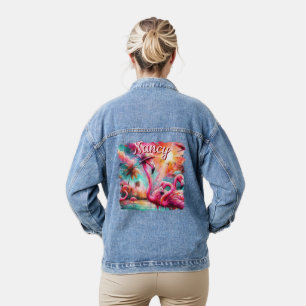 Tropical Pink Flamingos Palm Trees Personalised Denim Jacket