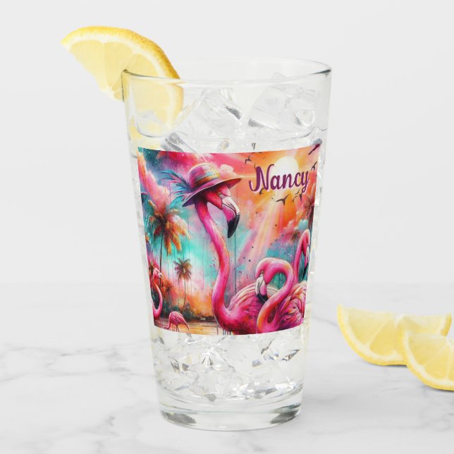 Tropical Pink Flamingos Palm Trees Personalised Glass (Front Ice)