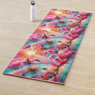 Tropical Pink Flamingos Palm Trees Personalised Yoga Mat