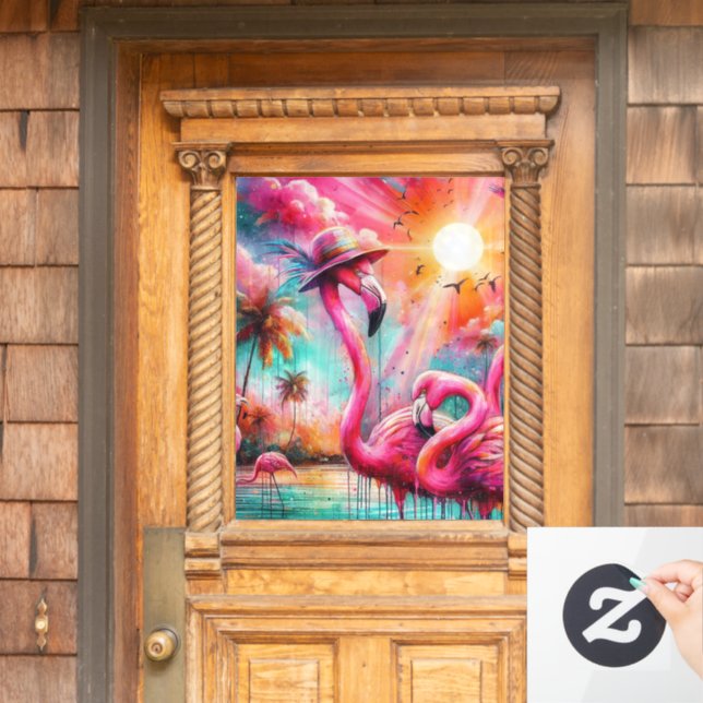 Tropical Pink Flamingos Palm Trees Sun Water Teal  (Home Door)