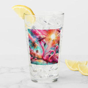 Tropical Pink Flamingos Palm Trees Sun Water Teal Glass
