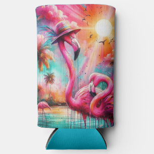 Tropical Pink Flamingos Palm Trees Sun Water Teal Seltzer Can Cooler