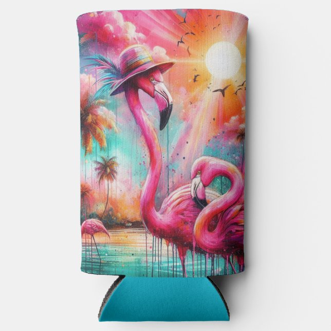 Tropical Pink Flamingos Palm Trees Sun Water Teal Seltzer Can Cooler (Front)