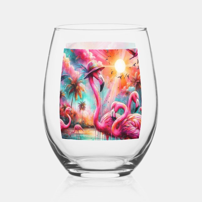 Tropical Pink Flamingos Palm Trees Sun Water Teal Stemless Wine Glass (Front)