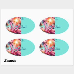 Tropical Pink Flamingos Palm Trees Sunset Teal Oval Sticker