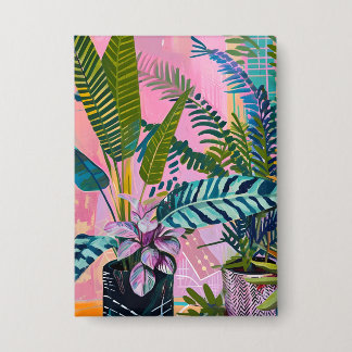 Tropical pink flamingos set against lush green