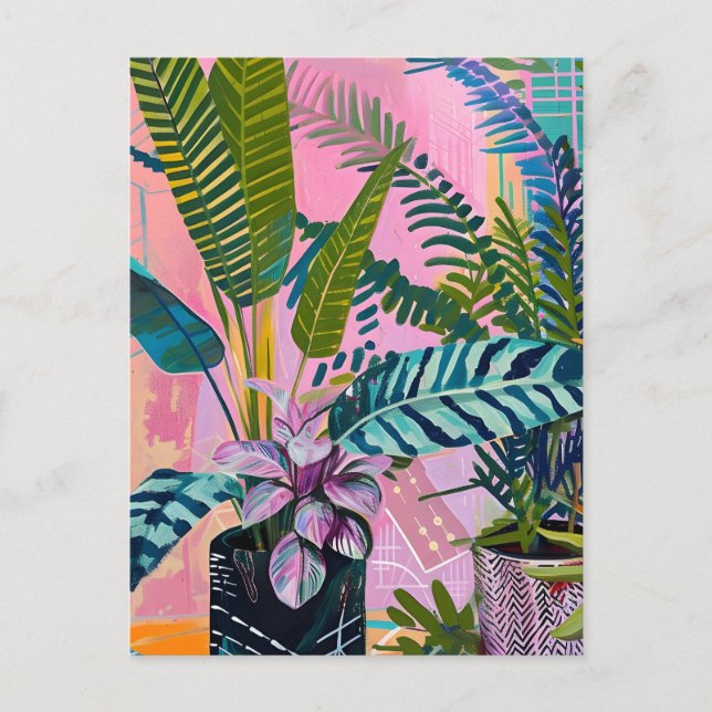 Tropical pink flamingos set against lush green postcard (Front)