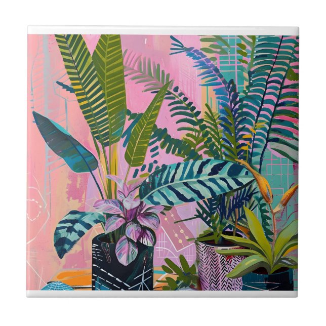 Tropical pink flamingos set against lush green tile (Front)