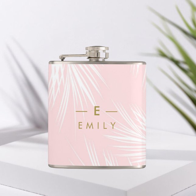Tropical Pink Flask, Honor Miss Gift Hip Flask (Flasque personnalisée demoiselle d'honneur, motif feuilles tropicales et prénom)