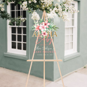 Tropical Pink Floral Aloha Baby Shower Welcome Acrylic Sign