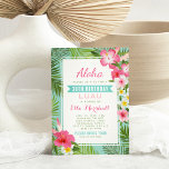 Tropical Pink Floral Birthday Luau Party Invitation<br><div class="desc">Birthday luau party invitations feature a Hawaiian party theme with "Aloha" and lush frame of green palm leaf fronds and tropical hibiscus flowers in shades of hot pink, sunshine yellow, and white. Stylish text with aqua blue banner title can be fully-personalised. Background colour is seafoam blue / green. A custom...</div>