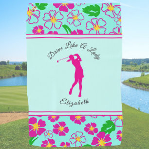 Tropical Pink Floral Custom Name Funny Golf Towel