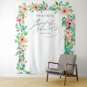 Tropical Pink Floral Elegant Script Bridal Shower Tapestry