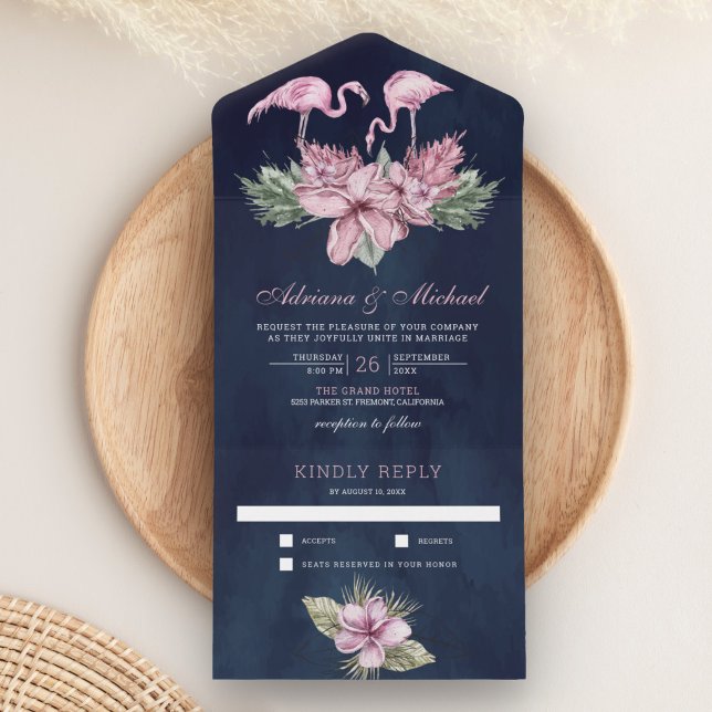 Tropical Pink Floral Flamingo Navy Blue Wedding All In One Invitation (Creator Uploaded)