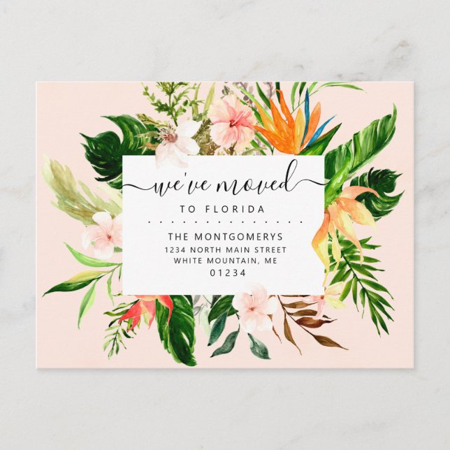 Tropical Pink Floral Greenery Florida Moving Announcement Postcard (Front)