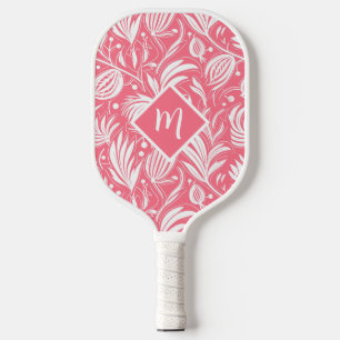 Tropical Pink Floral Pattern Diamond Monogram Pickleball Paddle