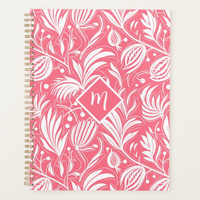 Tropical Pink Floral Pattern Diamond Monogram Planner (Front)